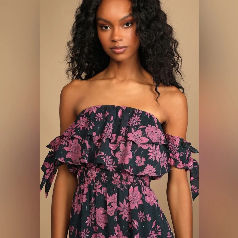 New Lulus Love and Blooms Navy Blue Floral Print Off The Shoulder maxi Dress - Picture 2 of 14